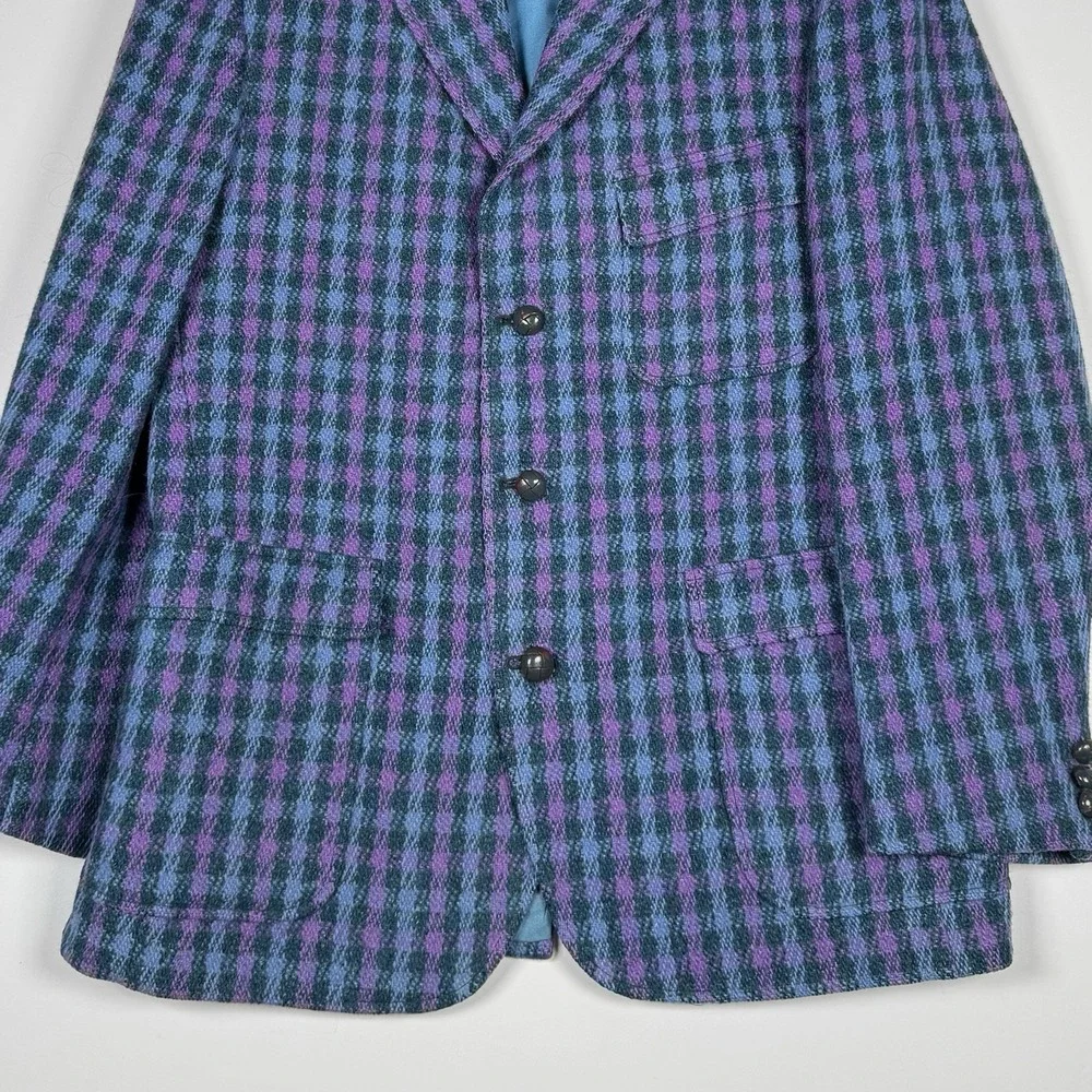Vintage 80s ALEXANDRE Harris Tweed Wool Blazer Plaid Blue Purple - Fitted Large